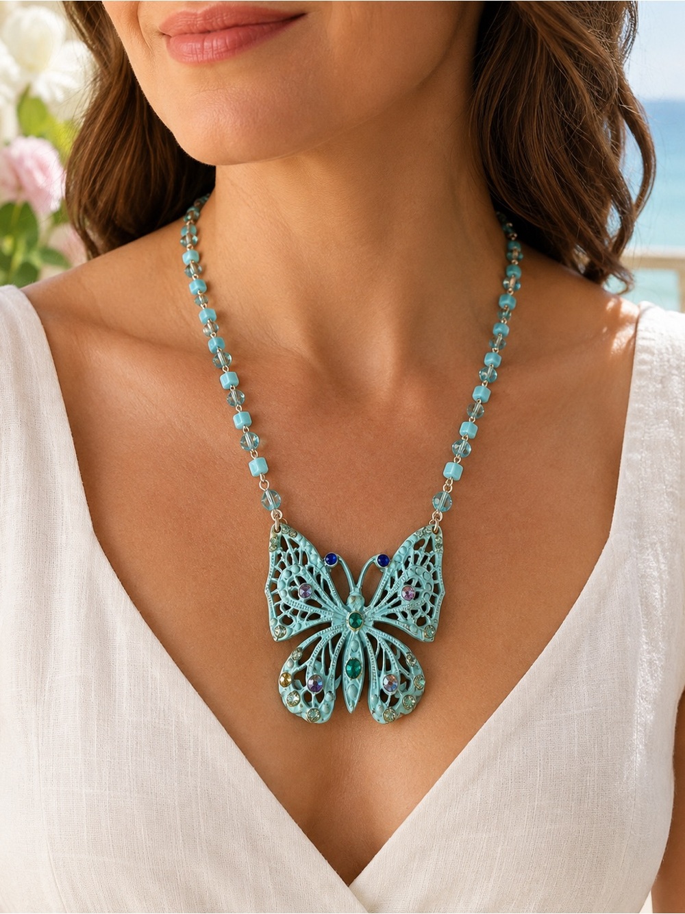 Turquoise Butterfly Statement Necklace w/ Crystal Details – Giftable